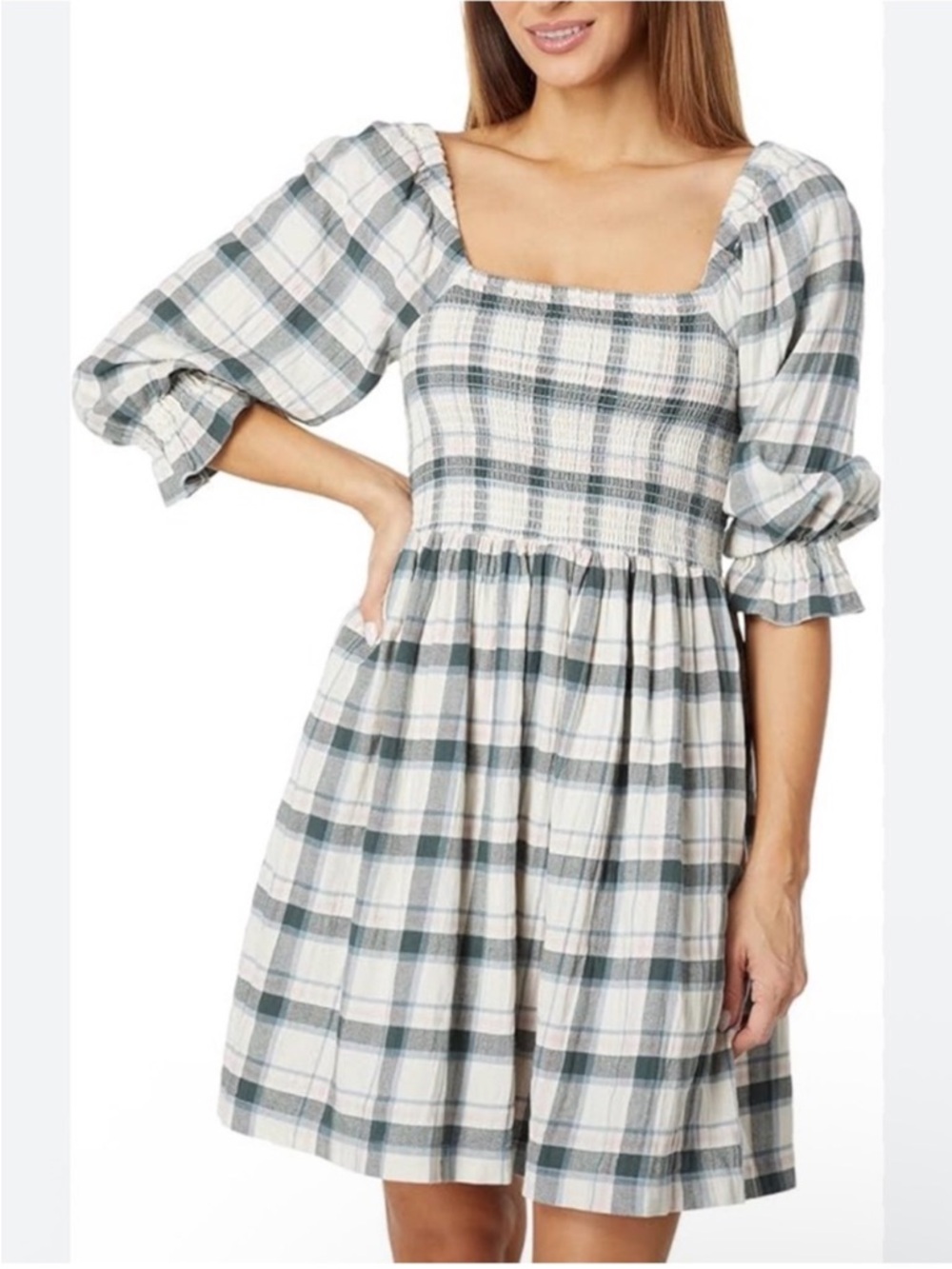 Madewell Lucie Elbow-Sleeve Smocked Mini Dress in Lebaum Plaid Cotton $138 XS